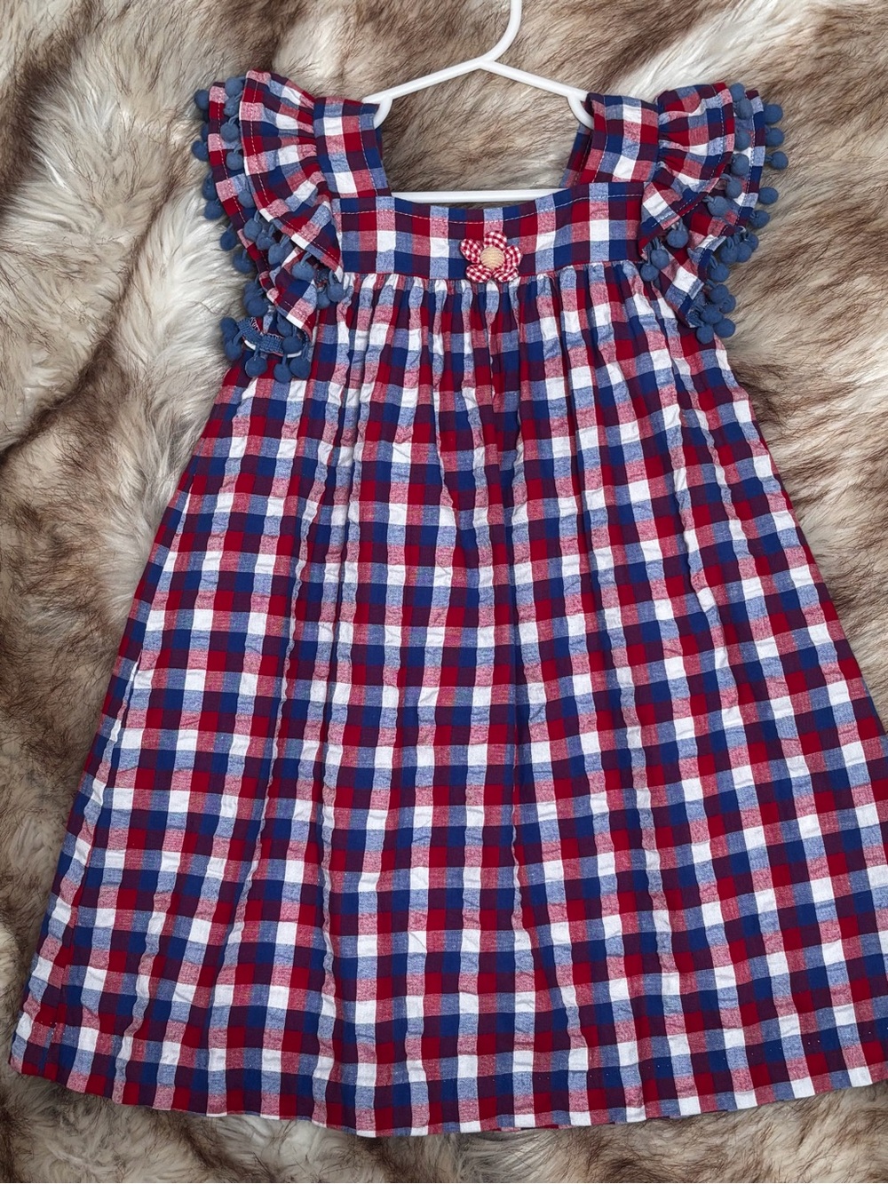 Girls Red, Blue & White Plaid Ruffle Sleeve Dress
